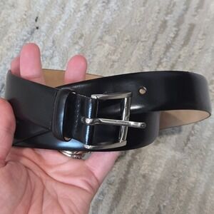 Montebello Black Genuine Leather Belt Made in Spain Silver Buckle Size 34